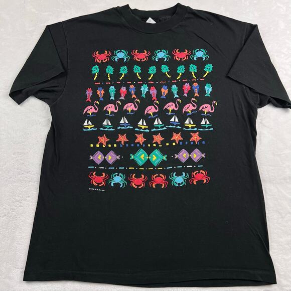 Hanes Beefy-T Vintage T-shirt Size Large Puffy Print Ocean Critters Crab Fish - Picture 1 of 7